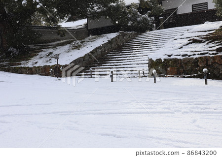白雪覆蓋的廣場、引道上的樓梯、堤岸、大門、柵欄，以及可以看到樹木的寺門前的雪景 86843200
