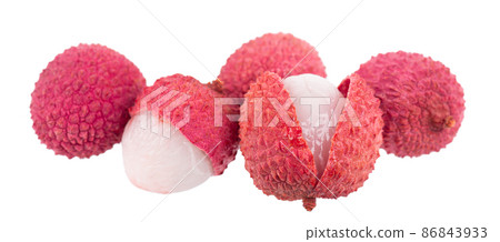 Lychee fruit isolated on white background. Tropical exotic fresh ripe fruit. Litchi chinensis. Clipping path. 86843933