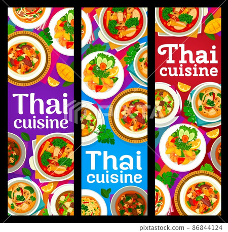 Thai cuisine meals vertical banners. Pork pad Thai noodle stir fry, red curry chicken and coconut soup, vegetable stir fry, shrimp mango salad and fried rice, lamb vegetable and mushroom curry Thai cuisine meals vertical banners. Pork pad Thai noodle stir fry, red curry chicken and coconut soup, vegetable stir fry, shrimp mango salad and fried rice, lamb vegetable and mushroom curry 86844124