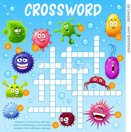 Cartoon funny viruses, microbes and germs crossword worksheet. Find a word vector quiz game or puzzle with funny monster characters of cute bacterias, smiling viruses, infection cells and bacterium Cartoon funny viruses, microbes and germs crossword worksheet. Find a word vector quiz game or puzzle with funny monster characters of cute bacterias, smiling viruses, infection cells and bacterium 86844148