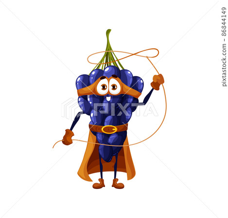 Cartoon grape cowboy superhero character, vector super hero bunch personage in cape and mask spinning lasso. Funny cheerful fairytale healthy food, brave garden fruit ready for adventure feat 86844149