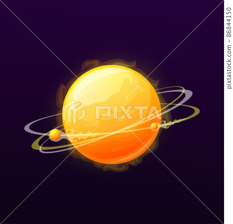 Hot planet with rings and satellites. Cosmos sci-fi game UI cartoon vector icon alien galaxy planet with fiery hot surface, deep space fantastic world sun or flaming star with rings on orbit Hot planet with rings and satellites. Cosmos sci-fi game UI cartoon vector icon alien galaxy planet with fiery hot surface, deep space fantastic world sun or flaming star with rings on orbit 86844150