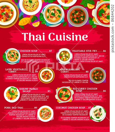 Thai cuisine menu template. Lamb vegetable and mushroom curry, vegetable stir fry, shrimp mango salad and fried rice with vegetables, pork pad Thai noodle stir fry, coconut chicken and red curry soup Thai cuisine menu template. Lamb vegetable and mushroom curry, vegetable stir fry, shrimp mango salad and fried rice with vegetables, pork pad Thai noodle stir fry, coconut chicken and red curry soup 86844202