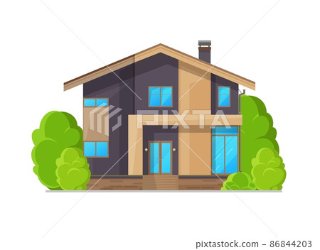 Residential neighborhood two-storey house building exterior. Contemporary dwelling exterior, flat vector modern cottage facade. Neighborhood real estate home with stairs, glass doors and pitched roof Residential neighborhood two-storey house building exterior. Contemporary dwelling exterior, flat vector modern cottage facade. Neighborhood real estate home with stairs, glass doors and pitched roof 86844203