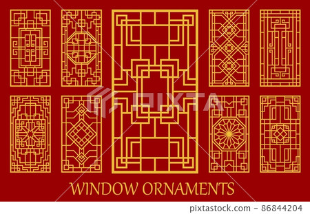 Asian window and door ornaments, Korean, Chinese and Japanese patterns, vector golden frames. Asian geometric style, ancient oriental house art for window grid, interior ornaments and wood decor 86844204