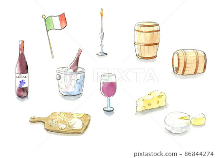 Wine and cheese watercolor illustration set with shadows, analog hand-painted 86844274
