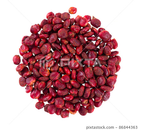 Sumac seeds isolated on white background. Whole dry Rhus berry. Top View. Sumac seeds isolated on white background. Whole dry Rhus berry. Top View. 86844363