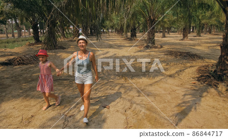 Mom and daughter for a walk. Woman tourist with plait walks looking around at growing young trees with lush leaves at oil palm farm elaeis guineensis Mom and daughter for a walk. Woman tourist with plait walks looking around at growing young trees with lush leaves at oil palm farm elaeis guineensis 86844717