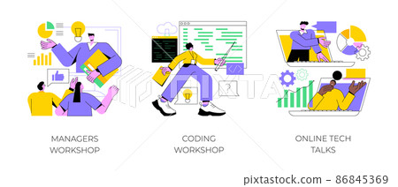 Employee skills training abstract concept vector illustration set. Managers and coding workshops, online tech talks, write code, software development, presentation, web session abstract metaphor. 86845369
