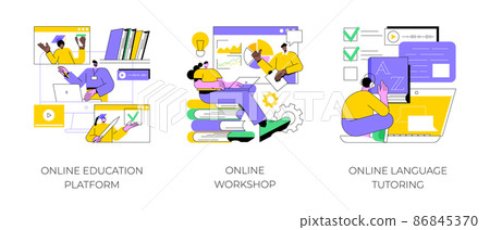 Distance web learning abstract concept vector illustration set. Online education platform, workshop and language tutoring, video call, educational webinar, personal tutor courses abstract metaphor. 86845370