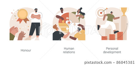 Social abilities abstract concept vector illustration set. Honour and high moral principles, human relations, personal development, public respect, self improvement, coach abstract metaphor. 86845381