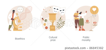 Culture and ethics abstract concept vector illustration set. Bioethics and genetic biotechnology, cultural prize, public morality and ethical standards, nobel laureate, life science abstract metaphor. 86845382