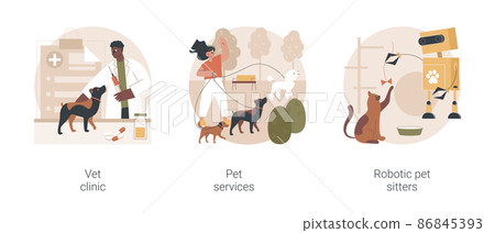 Animal services abstract concept vector illustration set. Vet clinic, pet services, robotic pet sitters, dog walking, grooming salon, veterinary hospital medical care, vaccination abstract metaphor. Animal services abstract concept vector illustration set. Vet clinic, pet services, robotic pet sitters, dog walking, grooming salon, veterinary hospital medical care, vaccination abstract metaphor. 86845393