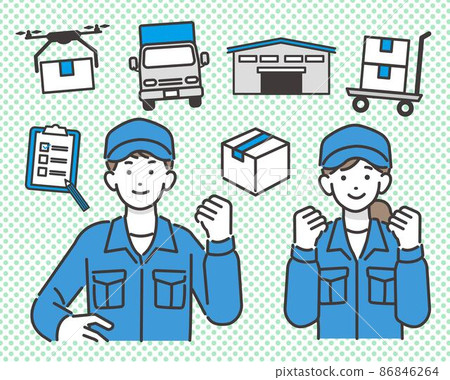 連接工人的圖標和物流（物流）材料/庫存/分銷/製造的矢量圖解 86846264