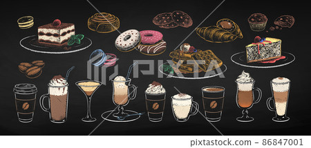 Chalk drawn set of coffee cups and desserts 86847001