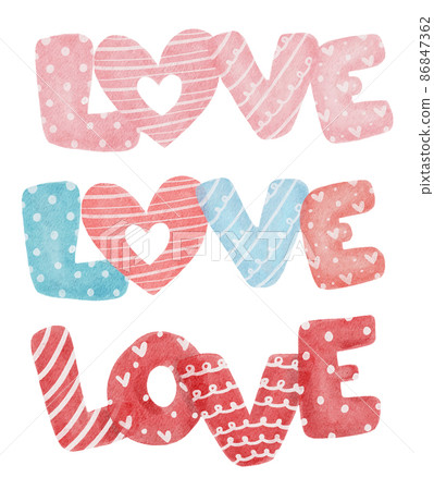 group of cute love word text collection in multiple style cartoon watercolor vector hand painting, love alphabet in red, pink and multiple color 86847362