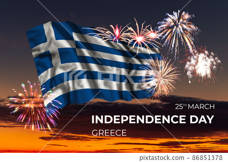 Sky with majestic fireworks and flag of Greece 86851378