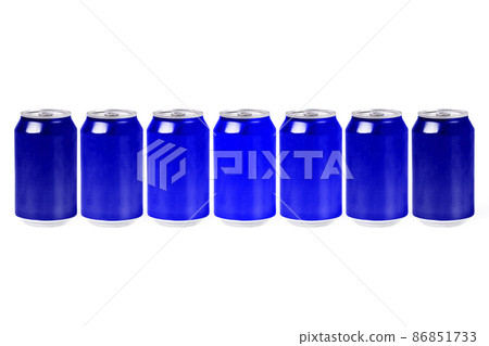 Aluminum cans with blue color variations on a white background. Drink concept Aluminum cans with blue color variations on a white background. Drink concept 86851733
