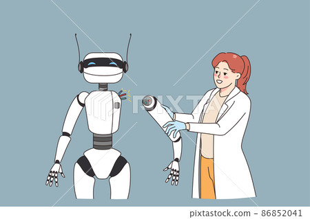 Woman work with ai robot in office Woman work with ai robot in office 86852041