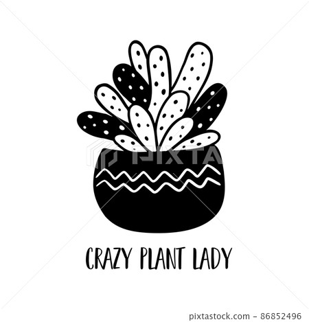 Urban jungle, black succulent plant in pot. House plant graphic element isolated. Hand drawn succulent flower logo vector illustration. Funny plant phrase Crazy plant lady 86852496
