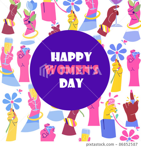 mix race hands holding glasses of champagne international happy womens day celebration concept 8th march 86852587