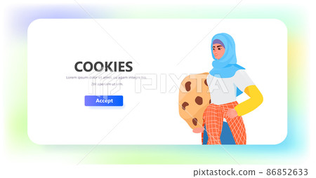 woman holding cookie protection of personal information internet web pop up we use cookies policy notification 86852633