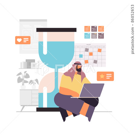 arab businessman using laptop overworked business man working with hourglass deadline time management arab businessman using laptop overworked business man working with hourglass deadline time management 86852653