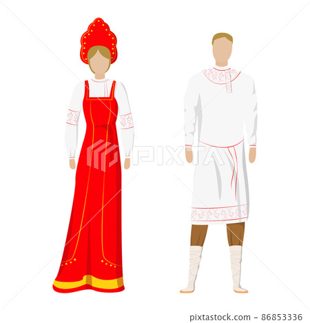 A girl and a man in Russian folk national holiday costumes - Vector 86853336