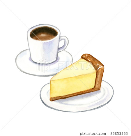 芝士蛋糕和咖啡【手繪水彩】 86853363