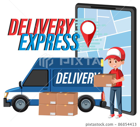 Delivery Express logotype with panel van and courier Delivery Express logotype with panel van and courier 86854413