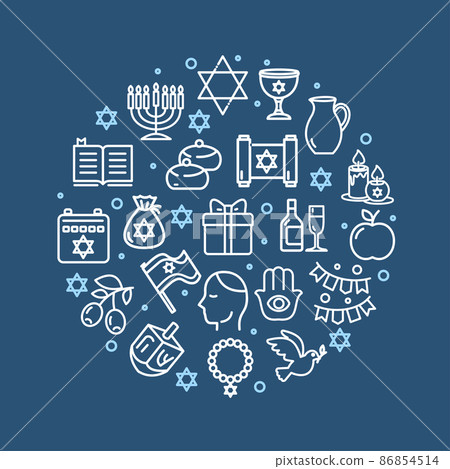 Israel Hanukkah Sign Round Design Template Thin Line Icon Banner. Vector 86854514