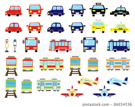 Various vehicles such as cars, buses, trains and planes 86854536