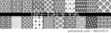 Geometric floral set of seamless patterns. Black and white vector backgrounds. Simple illustrations Geometric floral set of seamless patterns. Black and white vector backgrounds. Simple illustrations 86854537