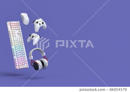 Flying gamer gears like mouse, keyboard, joystick, headset, VR Headset on purple table background. 3d rendering of accessories for live streaming concept top view Flying gamer gears like mouse, keyboard, joystick, headset, VR Headset on purple table background. 3d rendering of accessories for live streaming concept top view 86854579