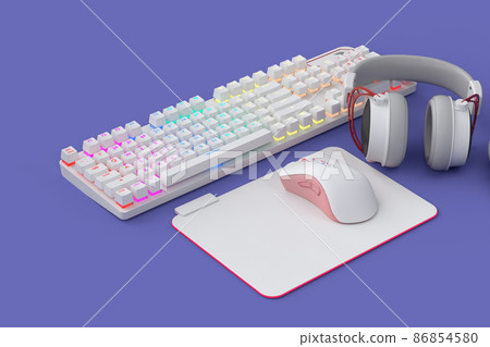 Top view of gamer workspace and gear like mouse, keyboard, headset on purple table background. 3d rendering of accessories for live streaming concept top view Top view of gamer workspace and gear like mouse, keyboard, headset on purple table background. 3d rendering of accessories for live streaming concept top view 86854580