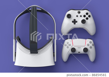 Top view of gamer workspace and gear like joystick and VR glasses on purple table background. 3d rendering of accessories for live streaming concept top view Top view of gamer workspace and gear like joystick and VR glasses on purple table background. 3d rendering of accessories for live streaming concept top view 86854581
