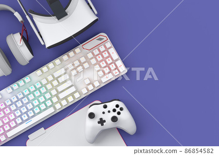 Top view of gamer workspace and gear like mouse, keyboard, joystick, headset, VR Headset on purple table background. 3d rendering of accessories for live streaming concept top view Top view of gamer workspace and gear like mouse, keyboard, joystick, headset, VR Headset on purple table background. 3d rendering of accessories for live streaming concept top view 86854582