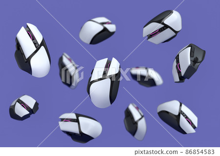 Flying gamer mouse on purple background with blur. 3d rendering of accessories for live streaming concept top view Flying gamer mouse on purple background with blur. 3d rendering of accessories for live streaming concept top view 86854583