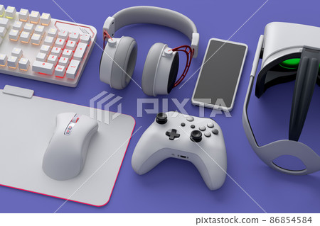 Top view of gamer workspace and gear like mouse, keyboard, joystick, headset, VR Headset on purple table background. 3d rendering of accessories for live streaming concept top view Top view of gamer workspace and gear like mouse, keyboard, joystick, headset, VR Headset on purple table background. 3d rendering of accessories for live streaming concept top view 86854584