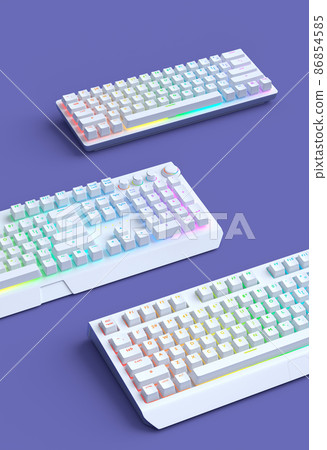 Top view of gamer workspace and gear like keyboards on purple background. 3d rendering of accessories for live streaming concept top view Top view of gamer workspace and gear like keyboards on purple background. 3d rendering of accessories for live streaming concept top view 86854585