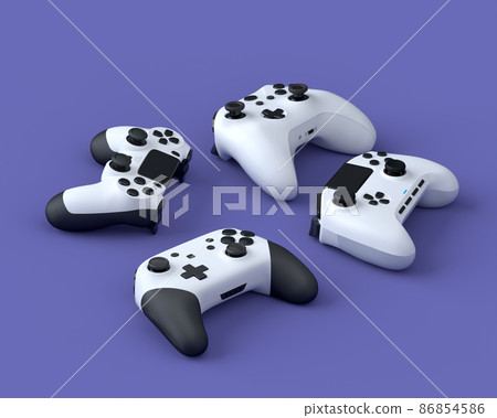 Set of lying gamer joysticks or gamepads on purple background with blur. 3d rendering of accessories for live streaming concept top view Set of lying gamer joysticks or gamepads on purple background with blur. 3d rendering of accessories for live streaming concept top view 86854586