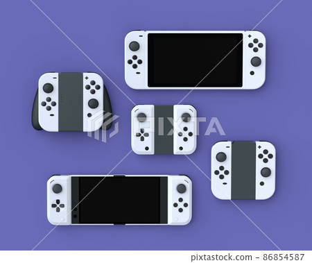 Top view of gamer joysticks or gamepads on purple background with blur. 3d rendering of accessories for live streaming concept 86854587