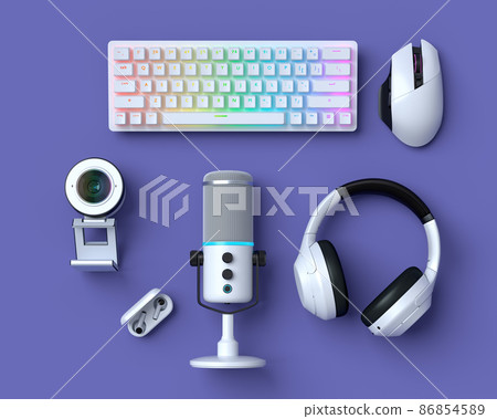 Top view gamer gears like mouse, keyboard, web camera, headphones and microphone on purple table background. 3d rendering of accessories for live streaming concept Top view gamer gears like mouse, keyboard, web camera, headphones and microphone on purple table background. 3d rendering of accessories for live streaming concept 86854589