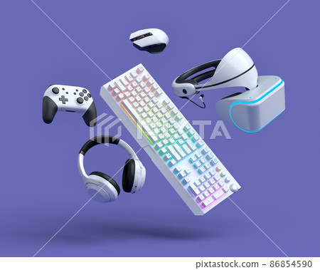 Flying gamer gears like mouse, keyboard, joystick, headset, VR Headset on purple table background. 3d rendering of accessories for live streaming concept Flying gamer gears like mouse, keyboard, joystick, headset, VR Headset on purple table background. 3d rendering of accessories for live streaming concept 86854590