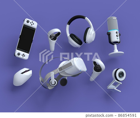 Flying gamer gears like keyboard, joystick, headphones, VR glasses, microphone on purple table background. 3d rendering of accessories for live streaming concept Flying gamer gears like keyboard, joystick, headphones, VR glasses, microphone on purple table background. 3d rendering of accessories for live streaming concept 86854591