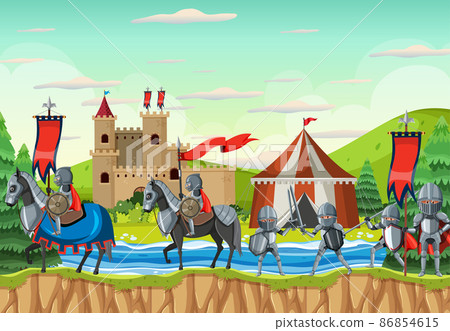 Medieval army camp scene with knights in cartoon style Medieval army camp scene with knights in cartoon style 86854615