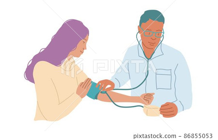 Male doctor in glasses measures blood pressure to young woman. 86855053