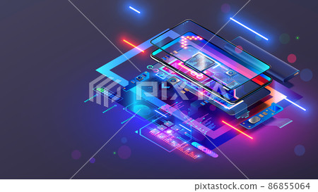 Repair of disassembled cell phone. Broken smartphone, electronic components, mobile processor or chip on pcb board, case, screen, electronic parts hovering. device firmware, data recovery. Concept. 86855064