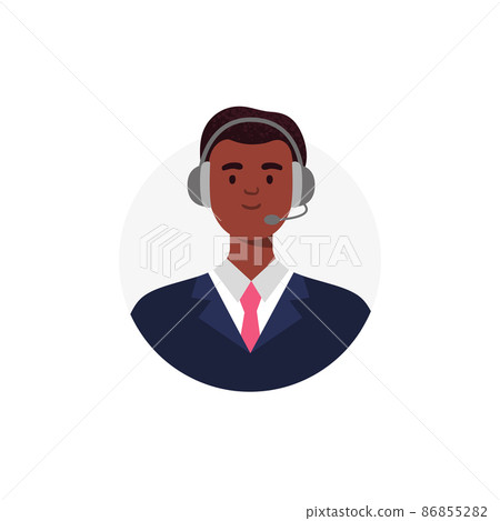An avatar of african-american man from a call center. Live chat operators, hotline operator, assistant with headphones. Online global technical support 24 7. Vector flat illustration. An avatar of african-american man from a call center. Live chat operators, hotline operator, assistant with headphones. Online global technical support 24 7. Vector flat illustration. 86855282