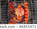 Grilling tomatoes and chilli with selective focus 86855471